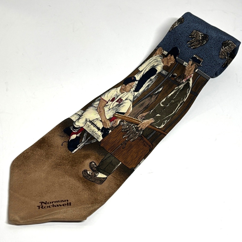 Norman Rockwell Necktie Mens OS Brown Blue Baseball Locker‎ Room Silk